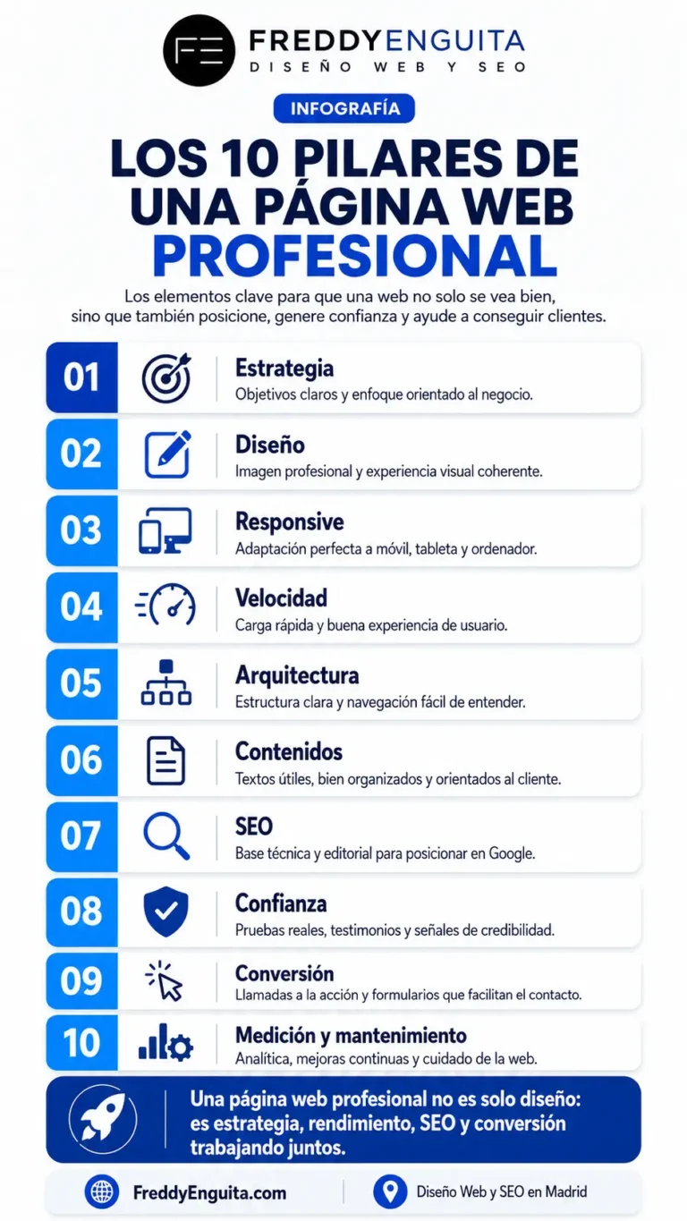 Infografía con los 10 pilares de una página web profesional en 2026
