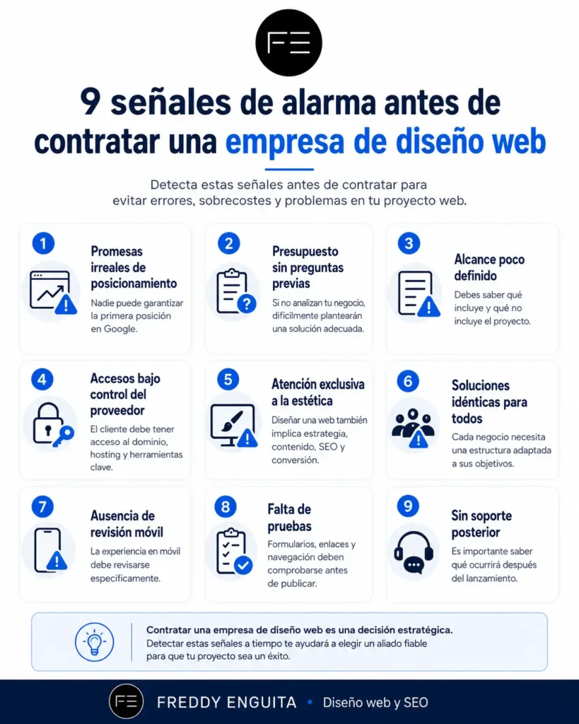 Infografía con nueve señales de alarma antes de contratar una empresa de diseño web, como promesas irreales de SEO, presupuesto sin análisis previo, falta de pruebas o ausencia de soporte posterior.