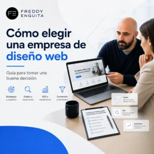 Diseño web y SEO - Freddyenguita.com Diseñador web y clienta revisando un proyecto para elegir una empresa de diseño web profesional.