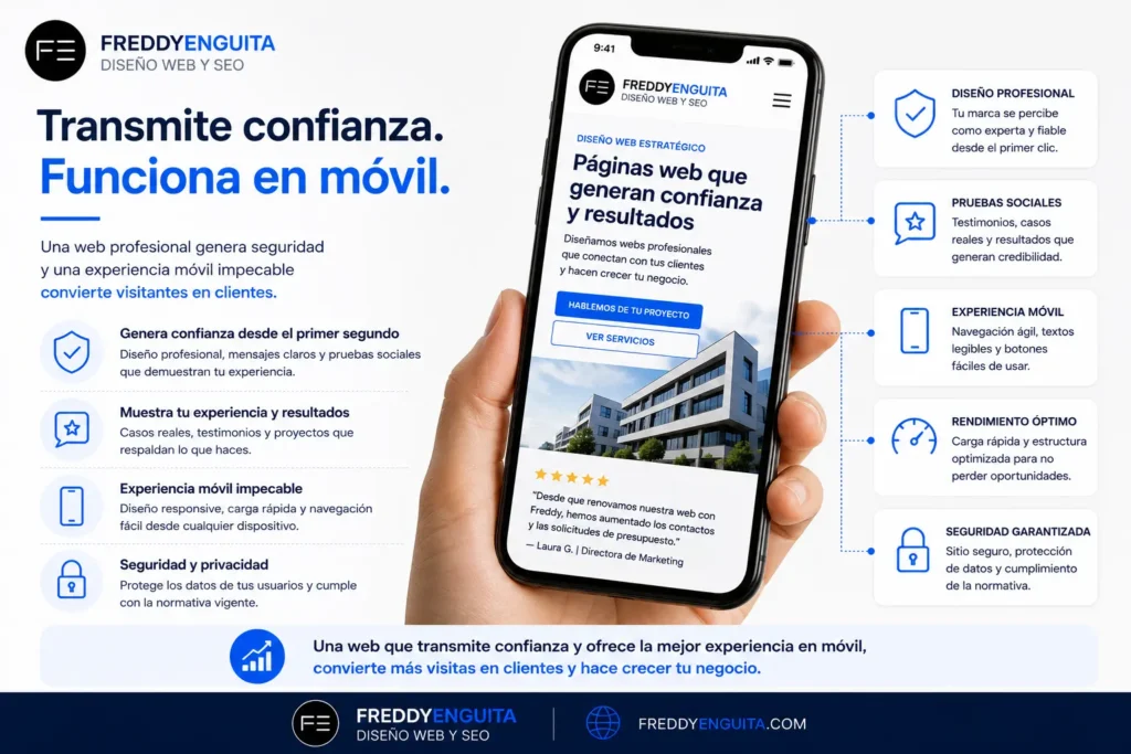 12 errores que hacen que una web no venda y cómo solucionarlos Ilustración de una página web profesional adaptada a dispositivos móviles con señales de confianza, testimonios y navegación optimizada.