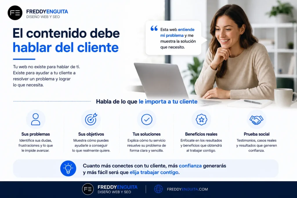 Imagen que muestra cómo los contenidos de una página web deben centrarse en las necesidades, problemas y objetivos del cliente.