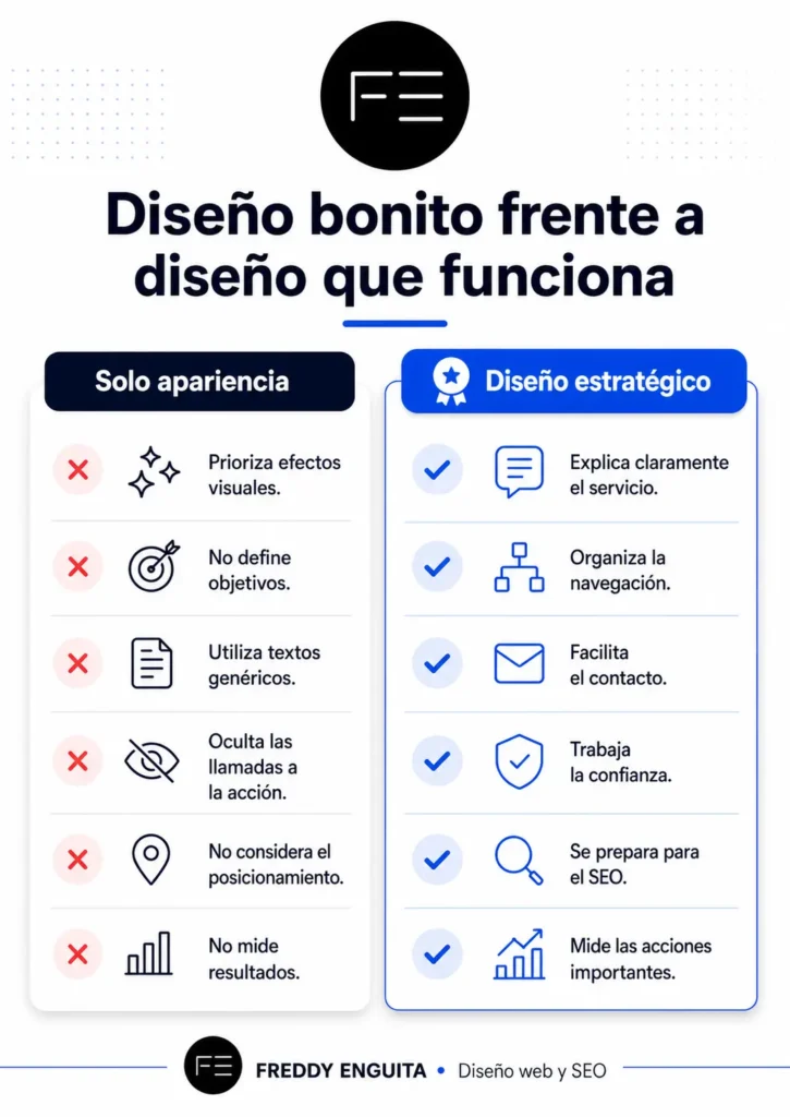 Infografía comparativa entre un diseño basado solo en la apariencia y un diseño estratégico, mostrando diferencias en objetivos, navegación, SEO, contacto y medición de resultados.