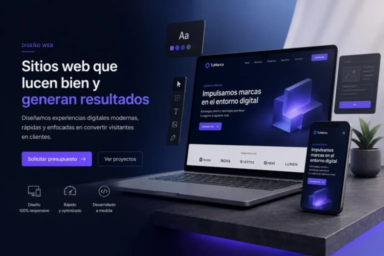 Hero del servicio de diseño web con un portátil, un móvil y una interfaz web moderna en tonos azules y morados.