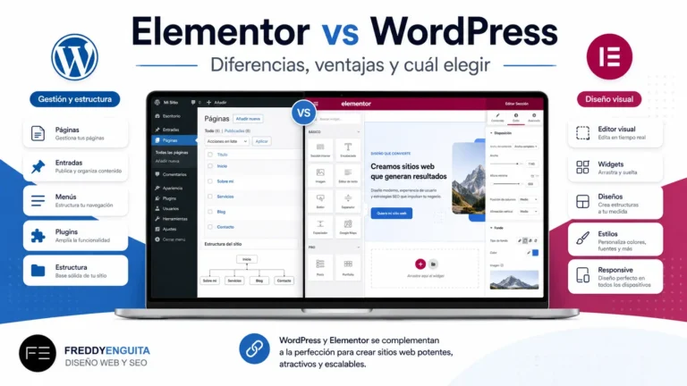 Elementor vs WordPress: diferencias, ventajas y cuál elegir para crear tu web Comparativa visual entre WordPress y Elementor con sus principales funciones y diferencias.