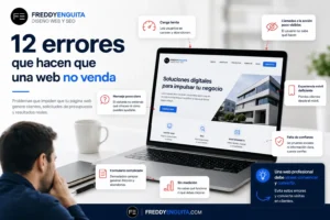 Ilustración de una página web con varios errores de diseño, conversión y experiencia de usuario que impiden conseguir clientes.