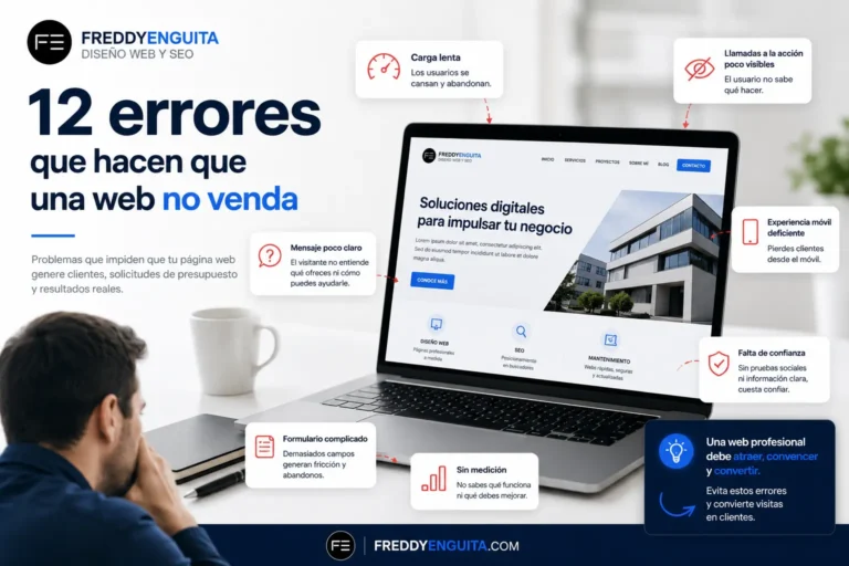 12 errores que hacen que una web no venda y cómo solucionarlos Ilustración de una página web con varios errores de diseño, conversión y experiencia de usuario que impiden conseguir clientes.