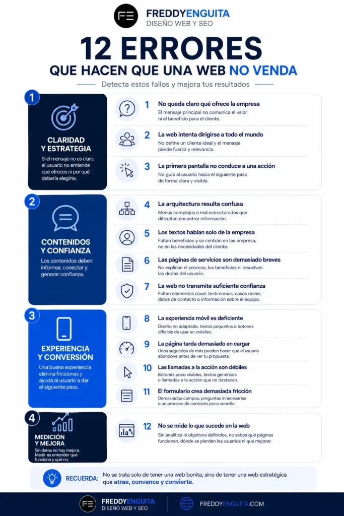 Infografía con los doce errores más habituales que impiden que una página web convierta visitas en clientes.