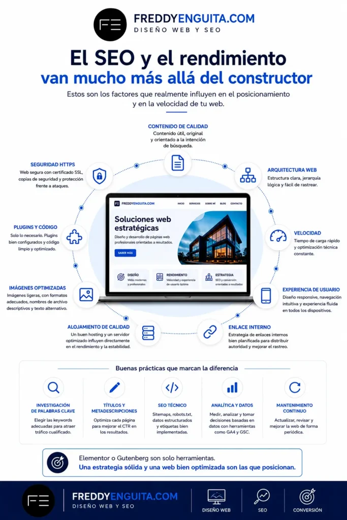 Infografía sobre los factores que influyen en el SEO y el rendimiento de una web más allá del constructor utilizado.
