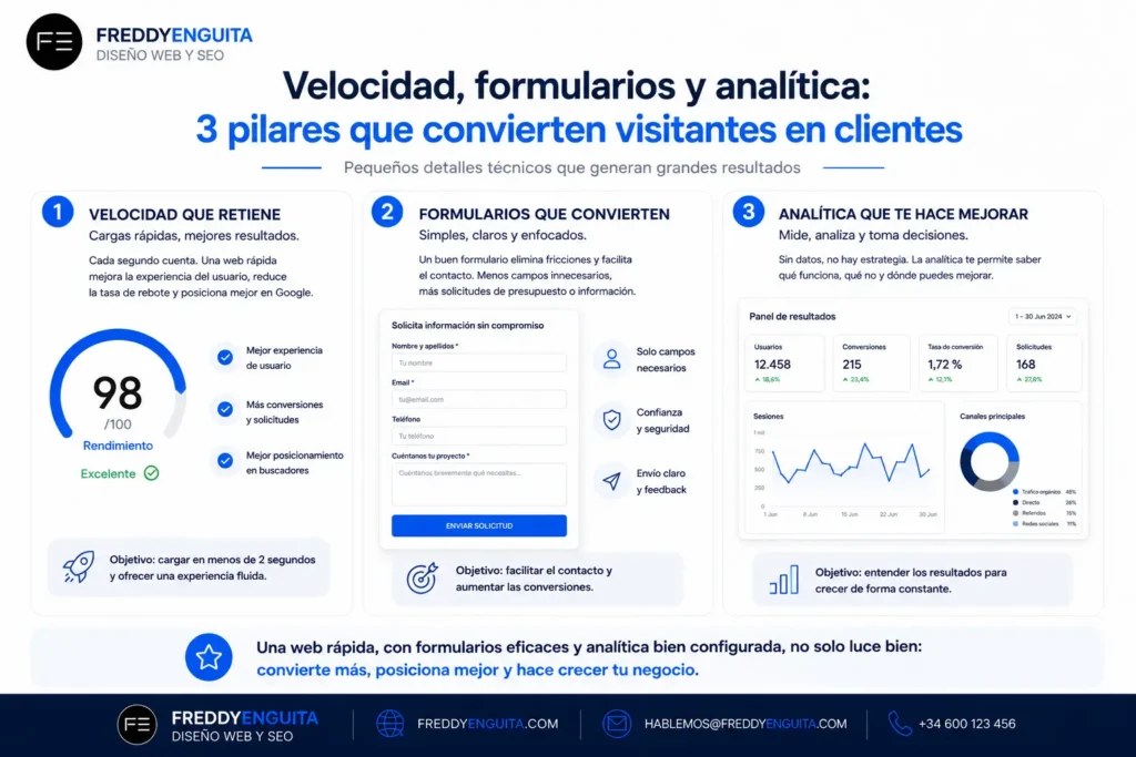 12 errores que hacen que una web no venda y cómo solucionarlos Infografía que explica la importancia de la velocidad de carga, los formularios optimizados y la analítica para mejorar la conversión de una página web.