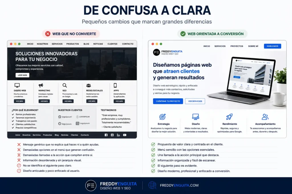 12 errores que hacen que una web no venda y cómo solucionarlos Comparativa entre una página web confusa y otra optimizada con una propuesta de valor clara y orientada a la conversión.