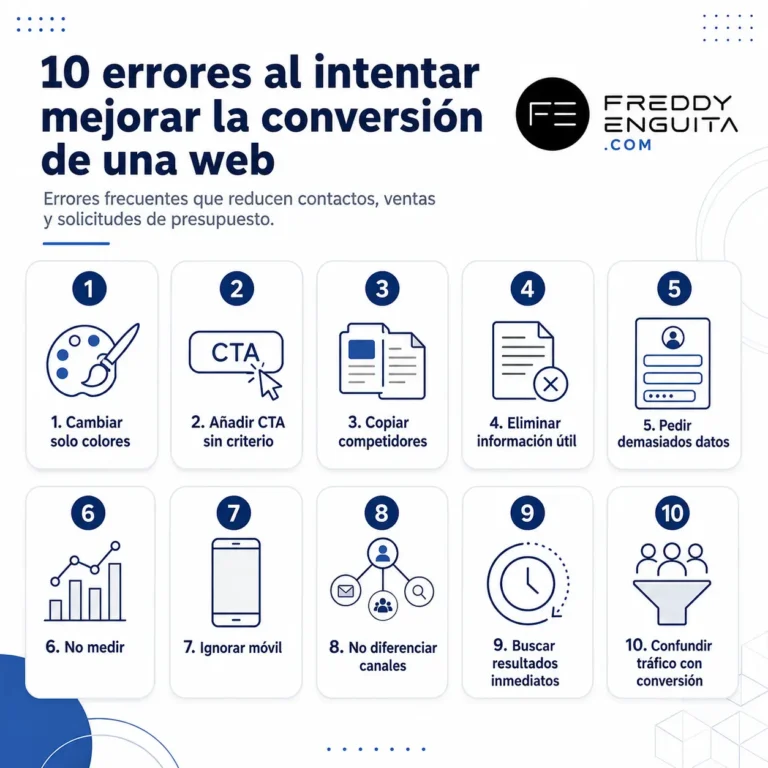 Infografía con diez errores frecuentes al intentar mejorar la conversión de una web, como cambiar solo colores, añadir CTA sin criterio, copiar competidores, pedir demasiados datos, no medir o ignorar el móvil.