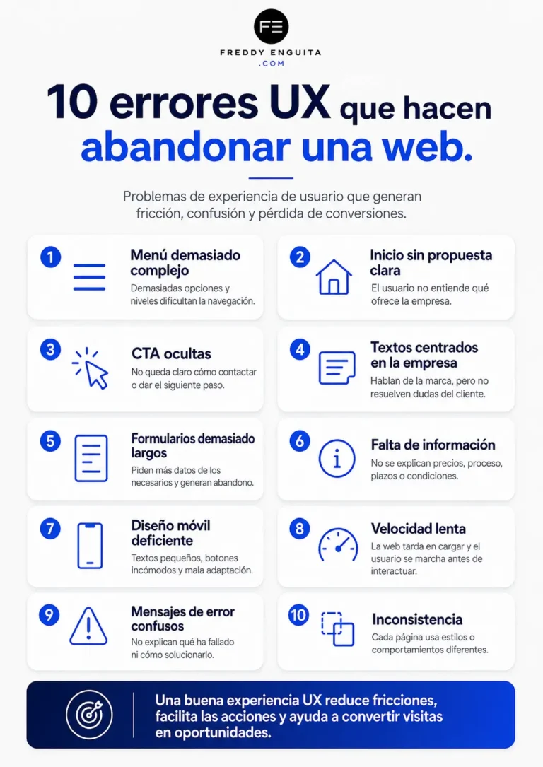 Infografía con diez errores UX que provocan abandono, como menús complejos, formularios largos, CTA ocultas, mala adaptación móvil y velocidad lenta.