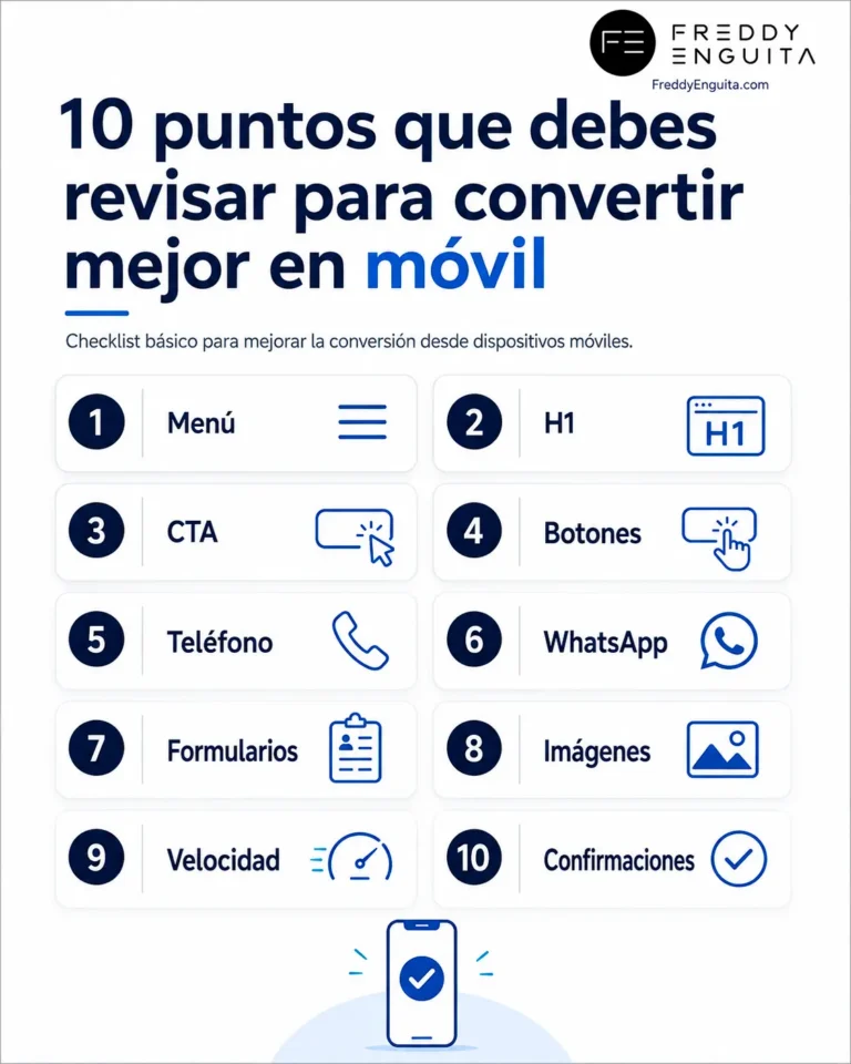 Infografía con diez elementos que conviene revisar para mejorar la conversión en móvil: menú, H1, CTA, botones, teléfono, WhatsApp, formularios, imágenes, velocidad y confirmaciones.