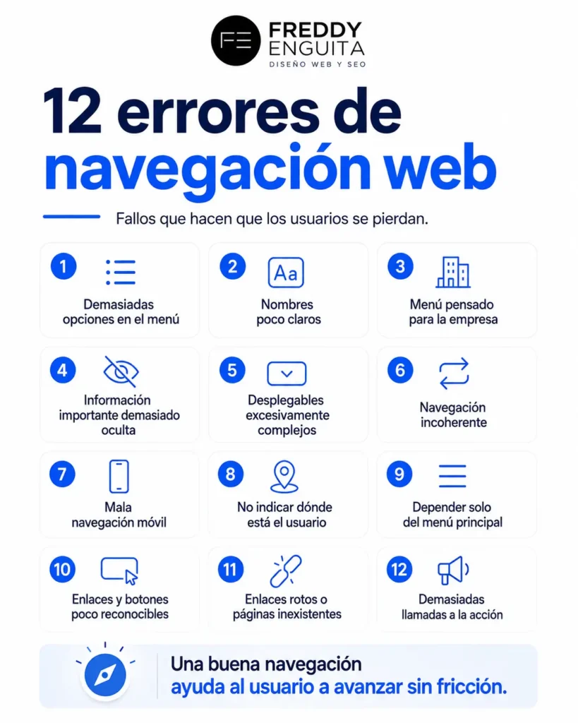 Infografía con 12 errores de navegación web, como utilizar demasiadas opciones en el menú, nombres poco claros, navegación móvil deficiente, enlaces rotos o demasiadas llamadas a la acción.