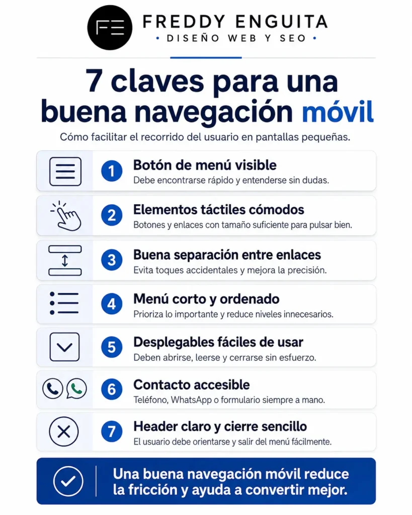 Infografía con siete claves para mejorar la navegación móvil: menú visible, elementos táctiles cómodos, separación entre enlaces, estructura sencilla, desplegables claros y contacto accesible.