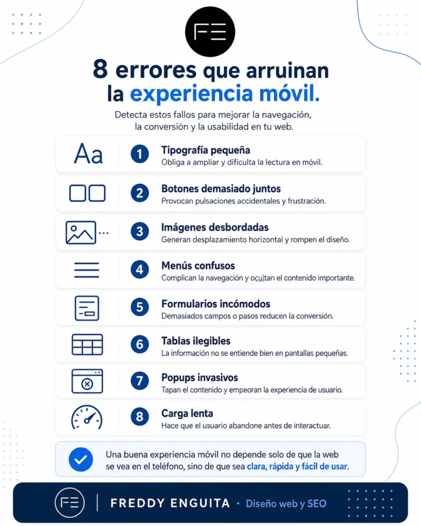 Infografía con ocho errores de experiencia móvil, como tipografía pequeña, botones juntos, imágenes desbordadas, formularios incómodos y carga lenta.