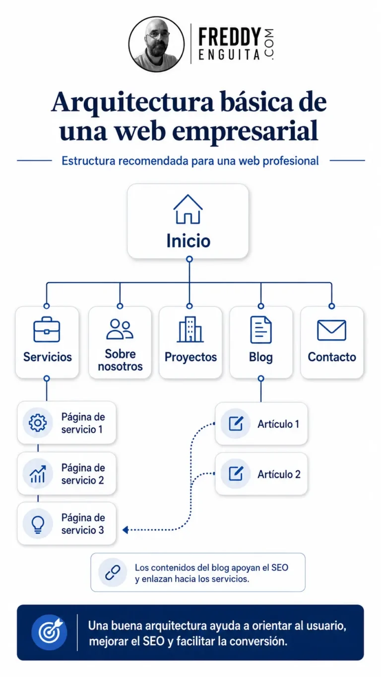 Diagrama de la arquitectura básica de una web empresarial con página de inicio, servicios, sobre nosotros, proyectos, blog y contacto, mostrando la relación entre estructura, SEO y navegación.
