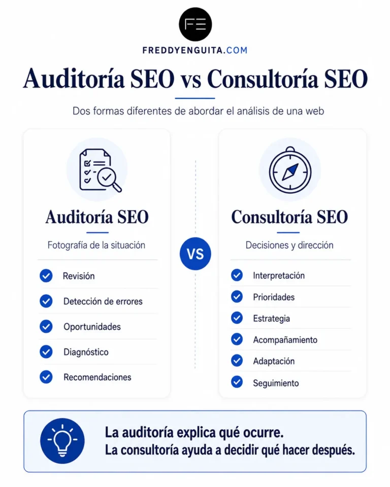 Comparativa entre auditoría SEO y consultoría SEO, mostrando las diferencias entre diagnóstico, recomendaciones, estrategia, prioridades y seguimiento.