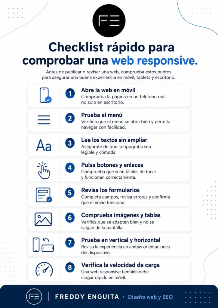Checklist con ocho comprobaciones para revisar una web responsive: móvil, menú, textos, botones, formularios, imágenes, orientación y velocidad.