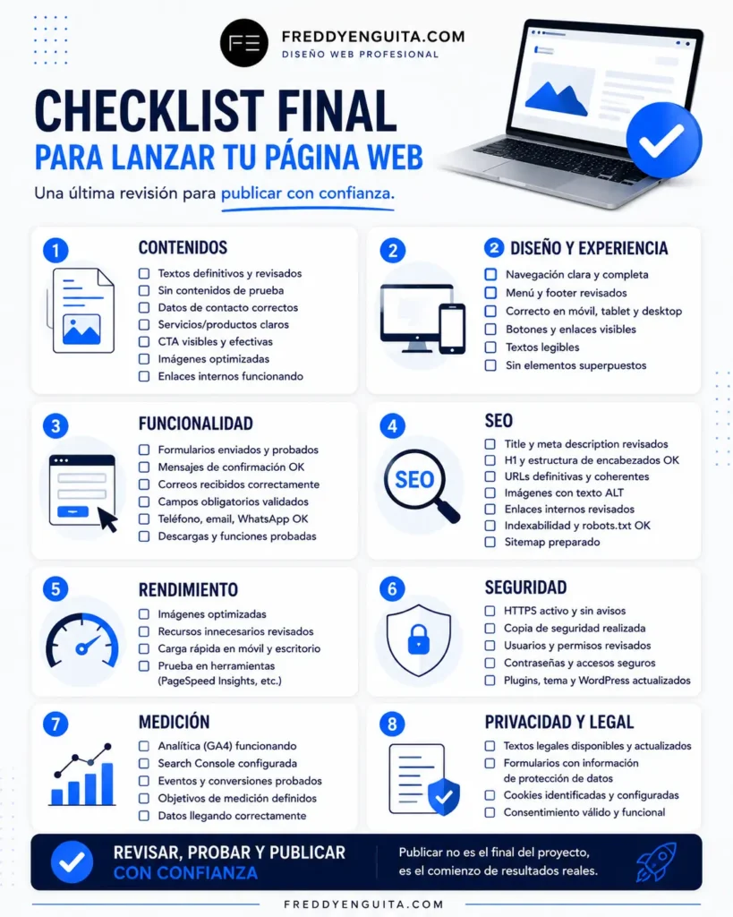 Checklist visual con las comprobaciones finales antes del lanzamiento de una página web