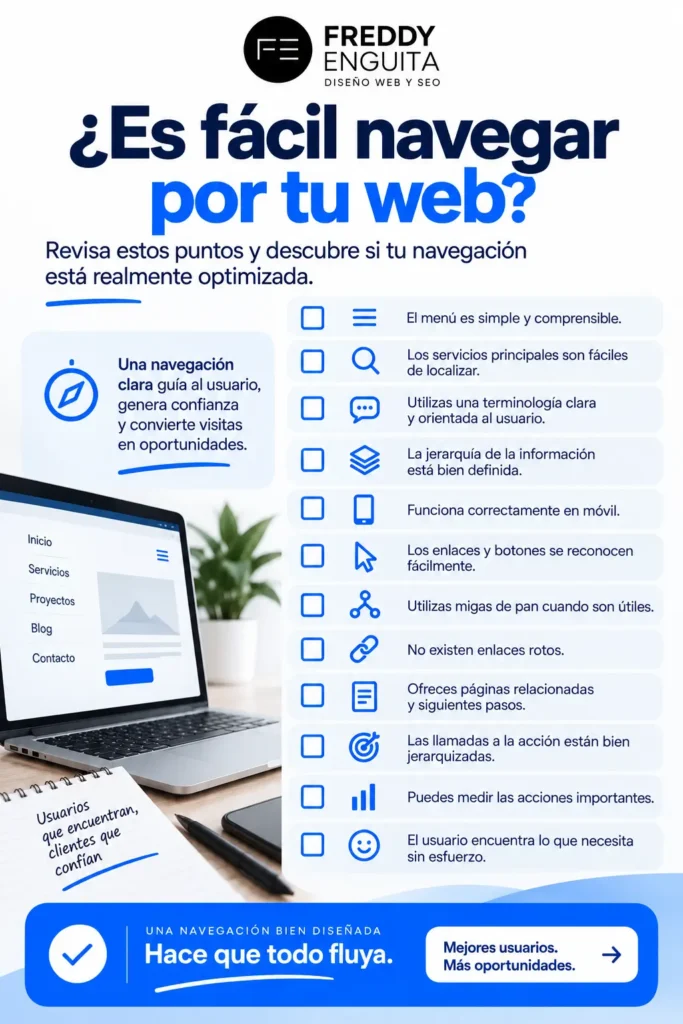 Checklist para comprobar si una web tiene una navegación clara, con menú comprensible, servicios accesibles, buena jerarquía, versión móvil correcta, enlaces reconocibles y llamadas a la acción bien organizadas.