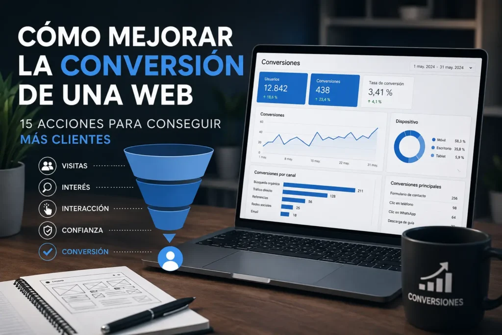 Panel de analítica y página web mostrando el recorrido desde las visitas hasta las acciones y conversiones para mejorar los resultados de una web.