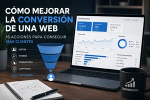 Panel de analítica y página web mostrando el recorrido desde las visitas hasta las acciones y conversiones para mejorar los resultados de una web.
