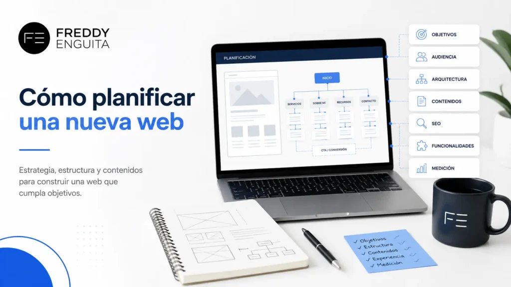 Imagen sobre cómo planificar una nueva web mediante objetivos, audiencia, arquitectura, contenidos, SEO, funcionalidades y medición antes de empezar a diseñar.