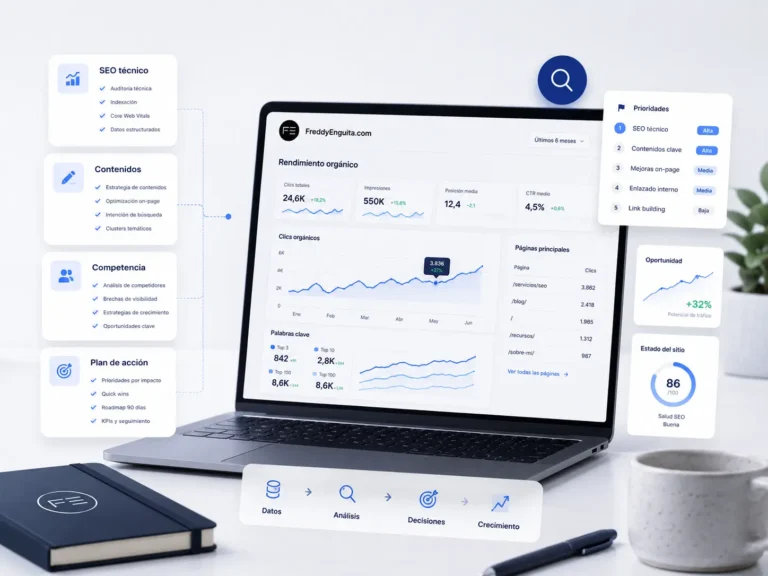 Panel de consultoría SEO con datos de rendimiento orgánico, análisis técnico, contenidos, competencia y prioridades de mejora.