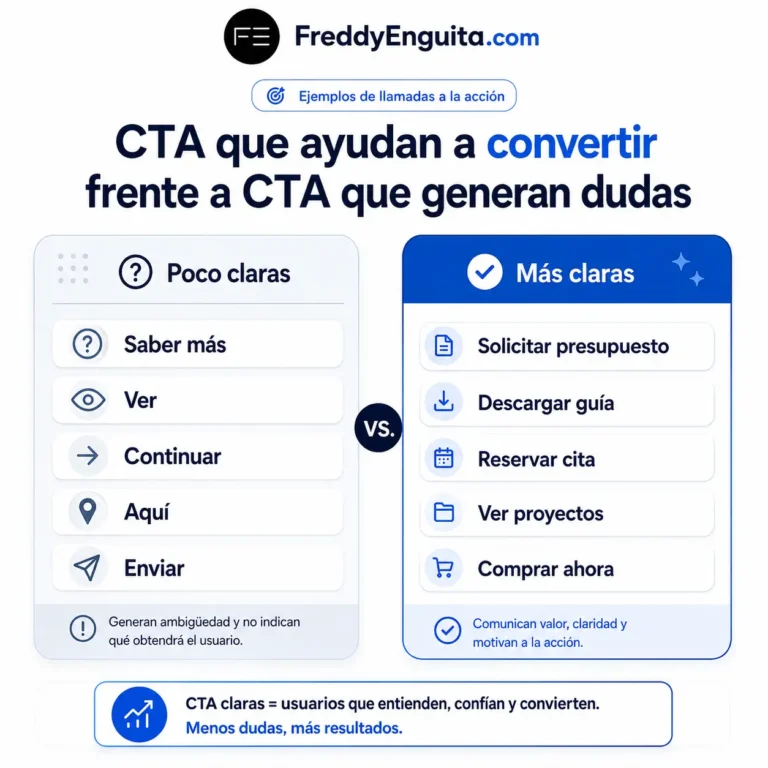 Infografía comparativa entre llamadas a la acción poco claras y CTA más efectivas como solicitar presupuesto, descargar una guía, reservar cita, ver proyectos o comprar ahora.