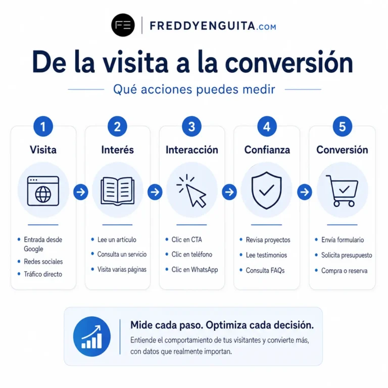 Infografía del recorrido de una visita hacia la conversión pasando por interés, interacción y confianza, con ejemplos de acciones medibles en cada etapa.