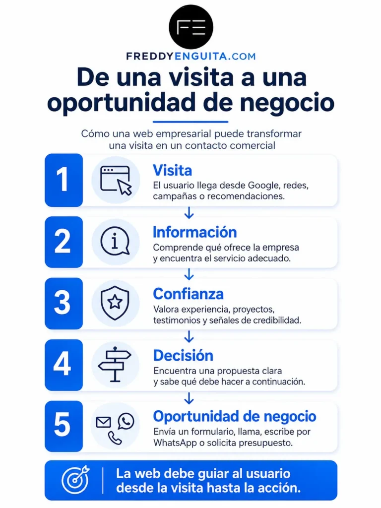 Infografía que muestra el recorrido de una visita web hasta una oportunidad de negocio: necesidad, información, confianza, decisión y contacto.