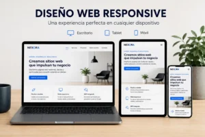 Página web responsive mostrada en ordenador, tableta y teléfono móvil para ilustrar su adaptación a distintos dispositivos.