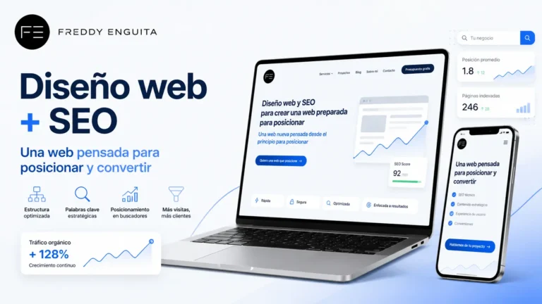 Imagen del servicio de diseño web y SEO con una web mostrada en ordenador y móvil, acompañada de métricas de posicionamiento, tráfico orgánico y conversión.
