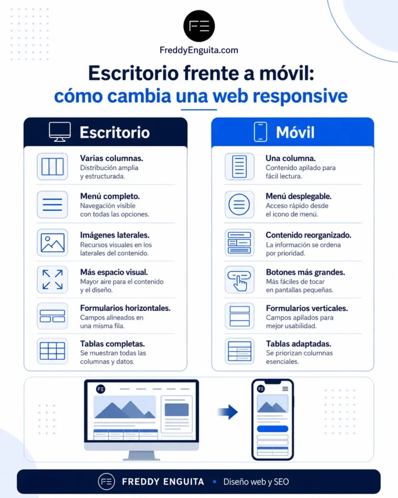 Infografía comparativa que muestra cómo una web responsive reorganiza columnas, menús, imágenes, botones, formularios y tablas entre escritorio y móvil.