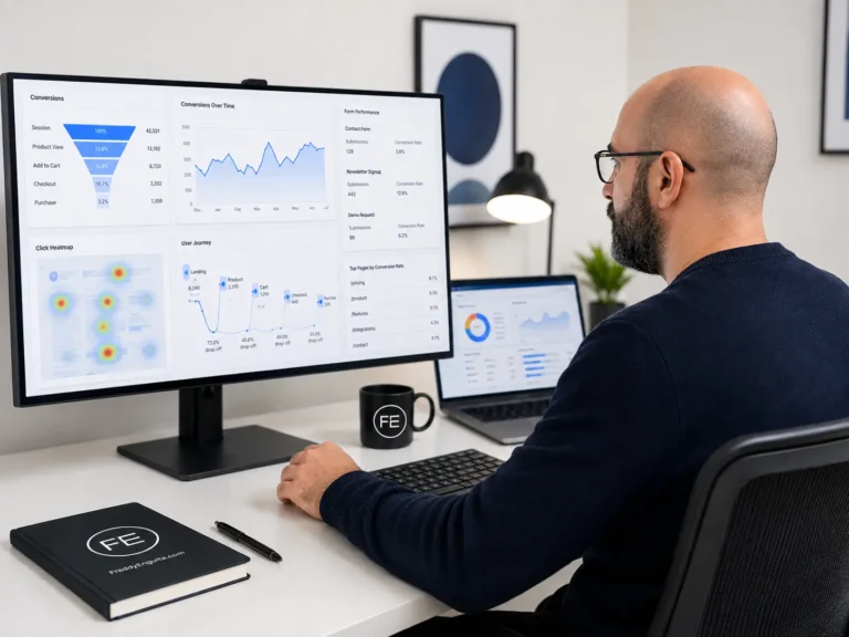 Freddy Enguita analizando conversiones, formularios, recorridos de usuario, mapas de calor y datos de comportamiento de una página web.