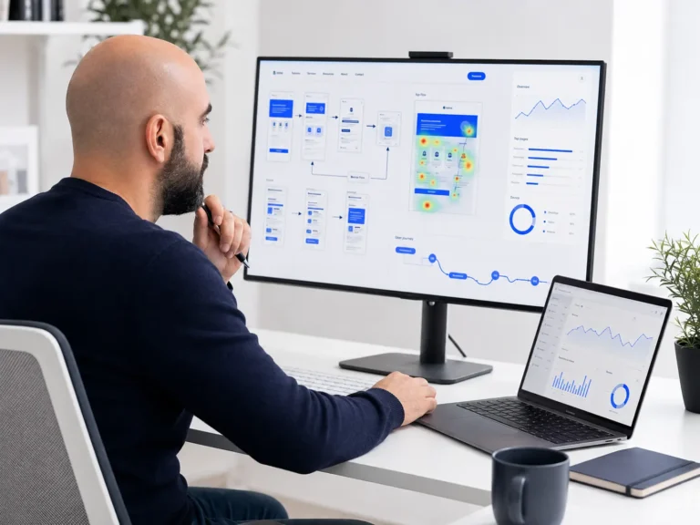 Qué es el diseño UX y por qué es importante para una página web Freddy Enguita analizando la navegación, el recorrido del usuario y el comportamiento de una página web mediante mapas de calor y datos de uso.