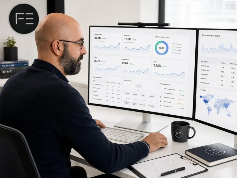 Freddy Enguita analizando datos de tráfico orgánico, palabras clave, arquitectura web y prioridades de una estrategia SEO.