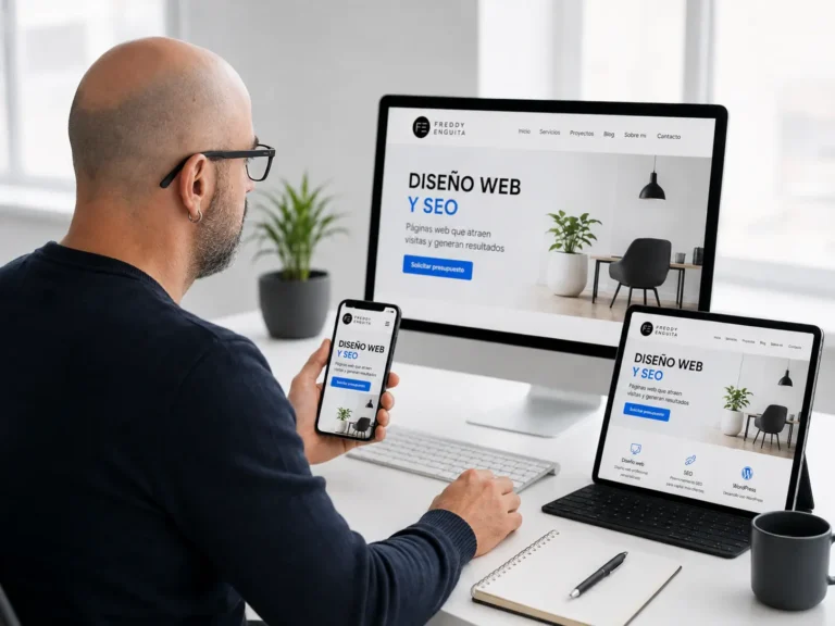 Freddy Enguita revisando el diseño responsive de una página web en ordenador, tableta y teléfono móvil.