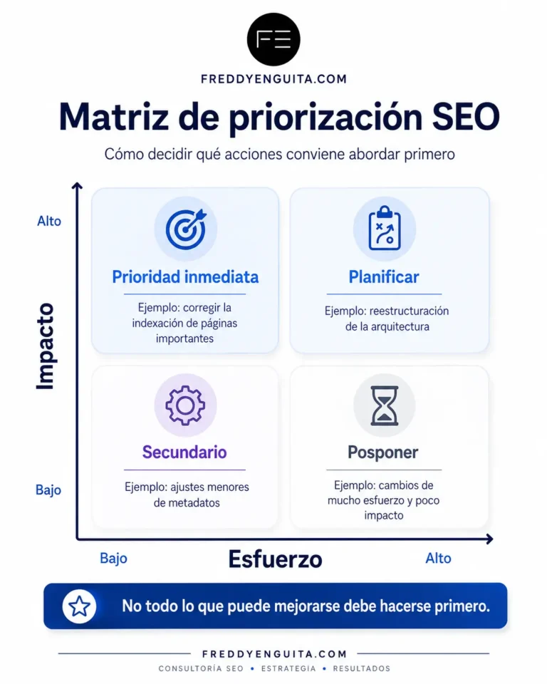 Matriz de priorización SEO que clasifica las acciones según impacto y esfuerzo en prioridad inmediata, planificar, secundario o posponer.