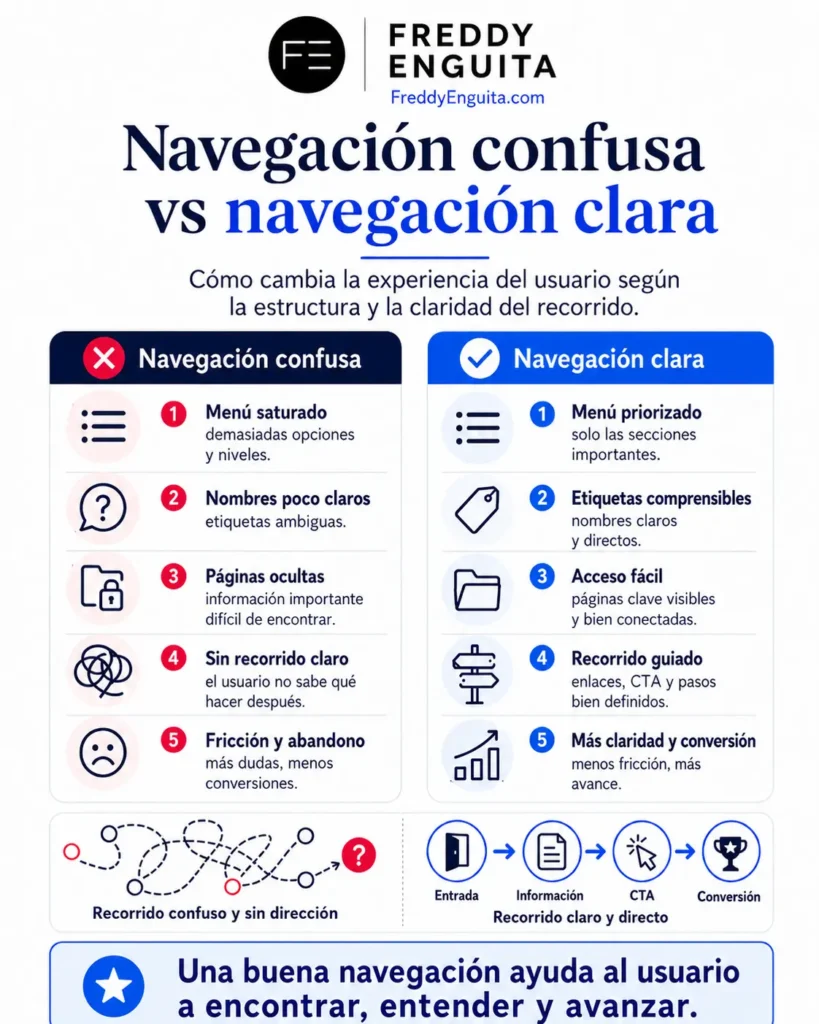 Comparativa entre una navegación web confusa y una navegación clara, mostrando diferencias en menú, etiquetas, acceso a la información, recorrido del usuario y conversión.