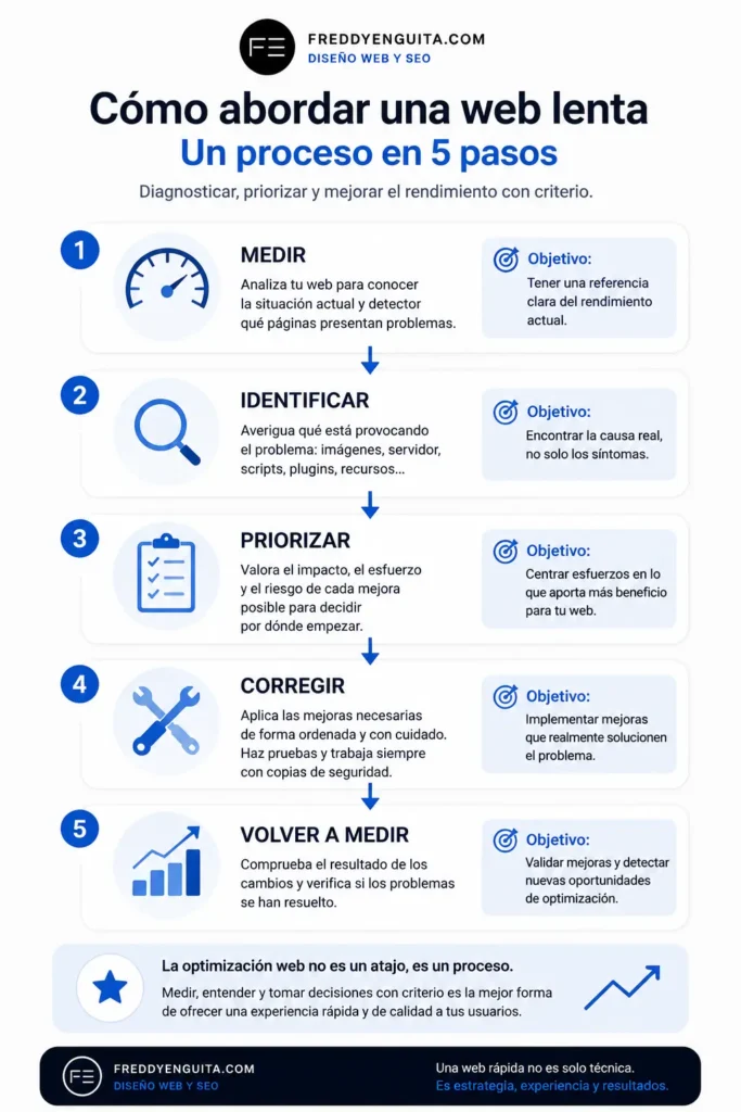 Diagrama del proceso para mejorar la velocidad web: medir, identificar, priorizar, corregir y volver a medir