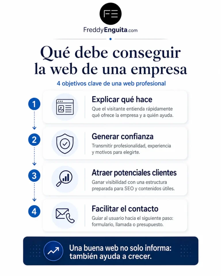 Infografía sobre los objetivos clave de una web para empresas: explicar qué hace la empresa, generar confianza, atraer potenciales clientes y facilitar el contacto.