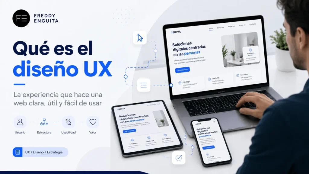 Qué es el diseño UX y por qué es importante para una página web Persona utilizando una página web clara y fácil de usar en ordenador, tableta y móvil para explicar qué es el diseño UX.