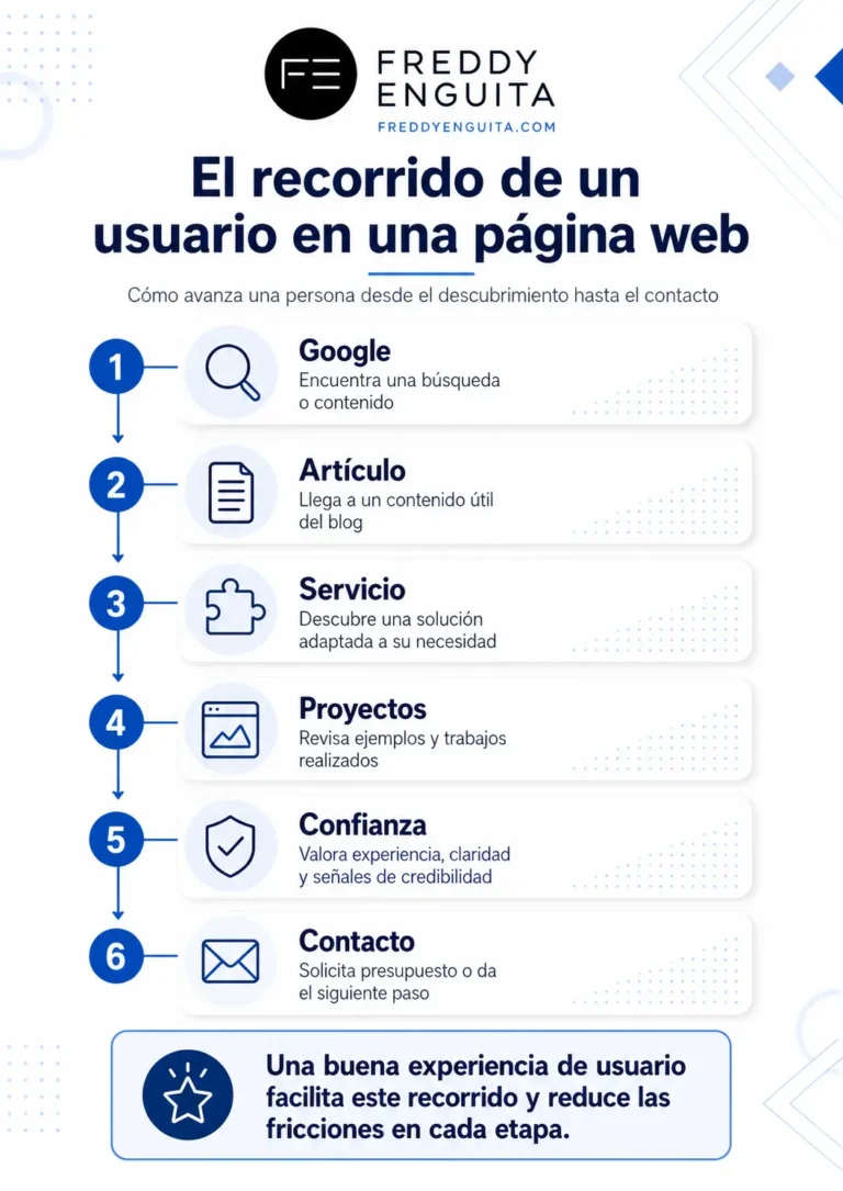 Infografía sobre el recorrido de un usuario desde Google hasta el contacto, pasando por artículo, servicio, proyectos y señales de confianza.
