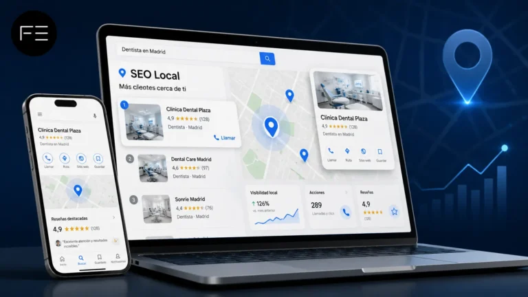 Imagen del servicio de SEO Local en Madrid con resultados de Google Maps, ficha de negocio, reseñas, llamadas y métricas de visibilidad local en ordenador y móvil.