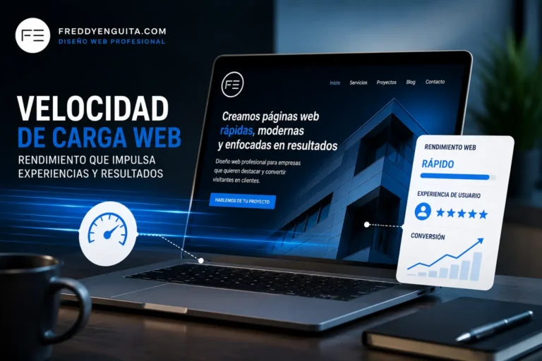 Página web representada en una pantalla con elementos relacionados con la velocidad de carga y el rendimiento