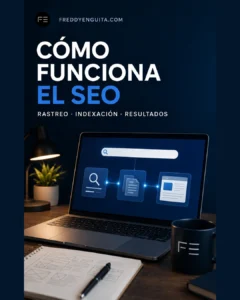 Portátil con resultados de búsqueda y esquema visual sobre cómo funciona el SEO.