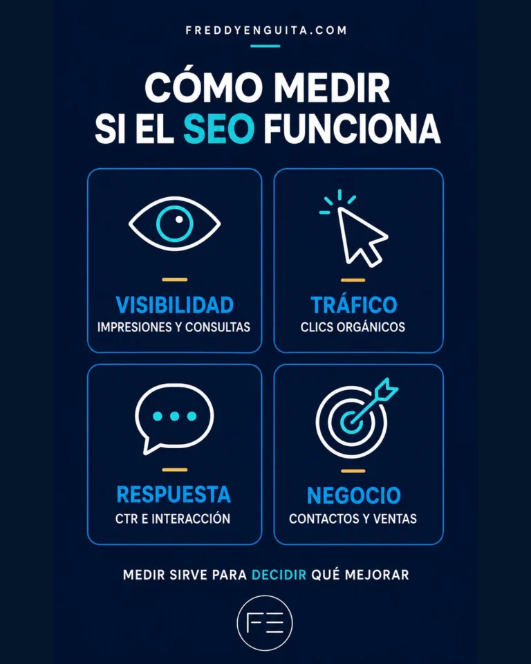 Tarjeta visual con visibilidad, tráfico, respuesta y negocio como indicadores para medir el SEO.