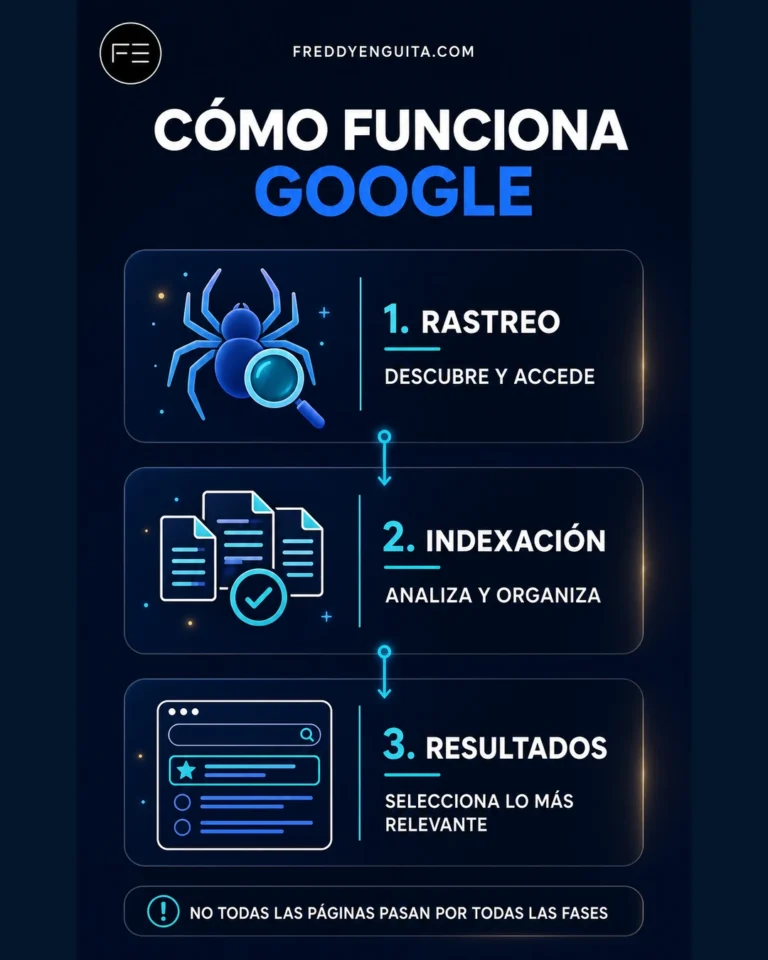 Diagrama vertical de las fases de rastreo, indexación y publicación de resultados de Google.